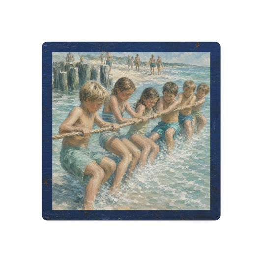 Beach Tug of War Metal Art Sign — Vintage Seaside Kids Wall Decor