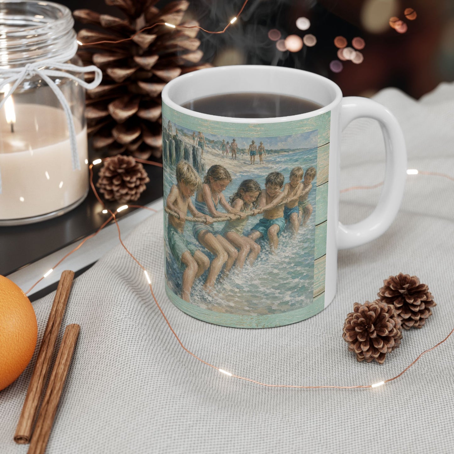 Beach Vintage-style Ceramic Mug – Tug-of-War by the Sea (11oz, 15oz)