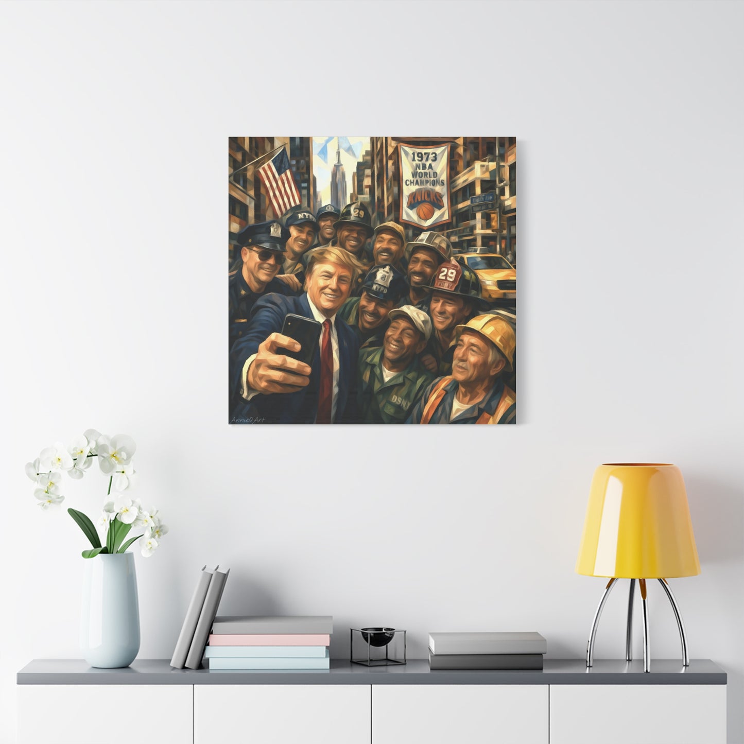 Trump Selfie w/City Workers Canvas Wall Art — Patriotic Urban Selfie Scene