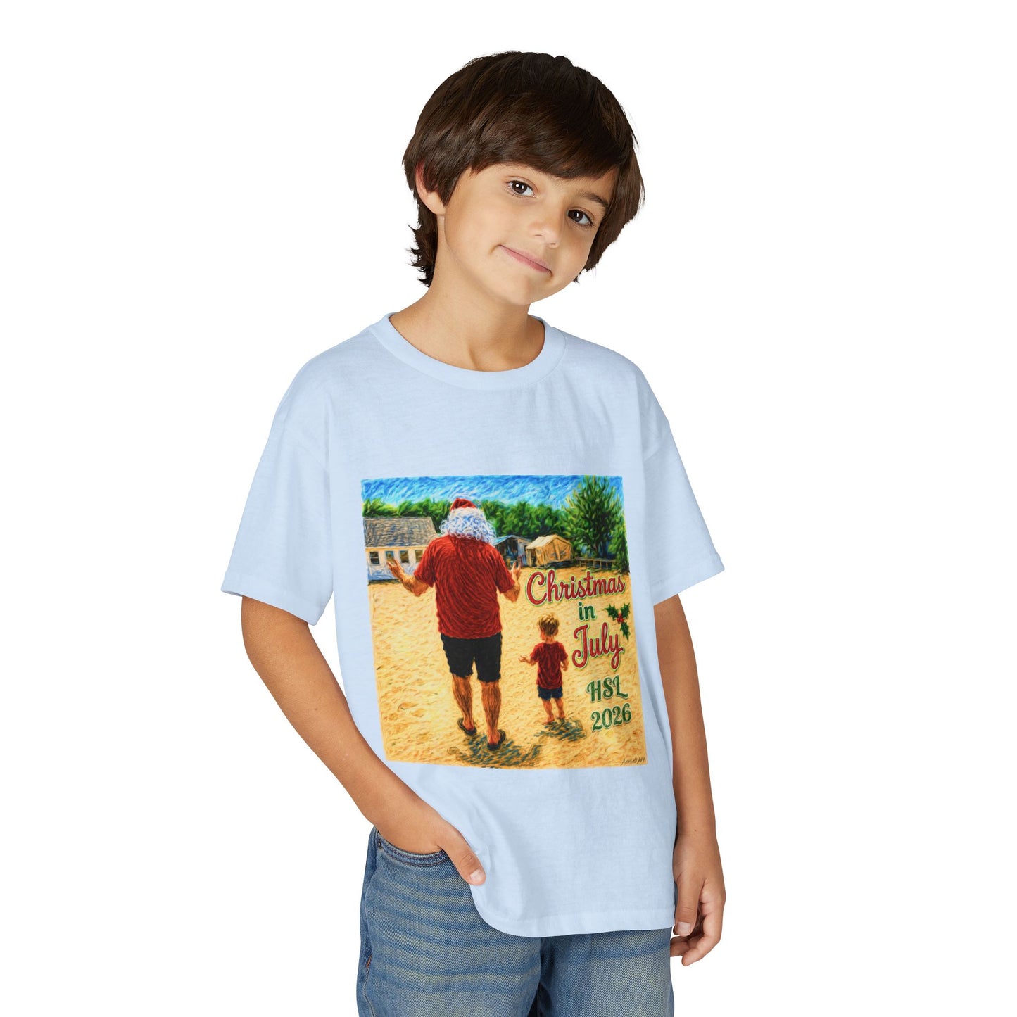 Youth T-Shirt — "Christmas in July" Beach Santa Kids Tee (HSL 2026)