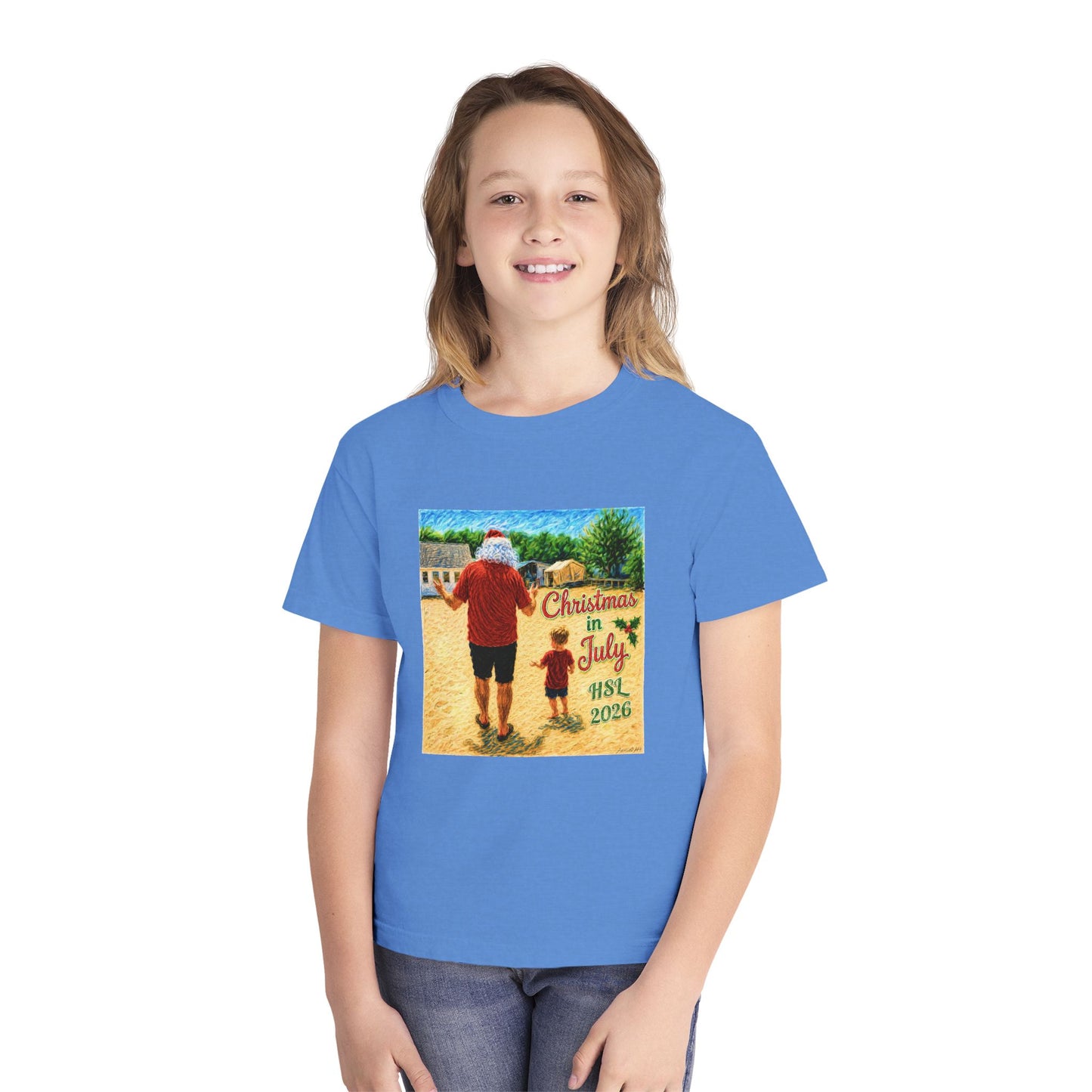 Dry-Blend Youth Tee — "Christmas in July" Beach Design 2026