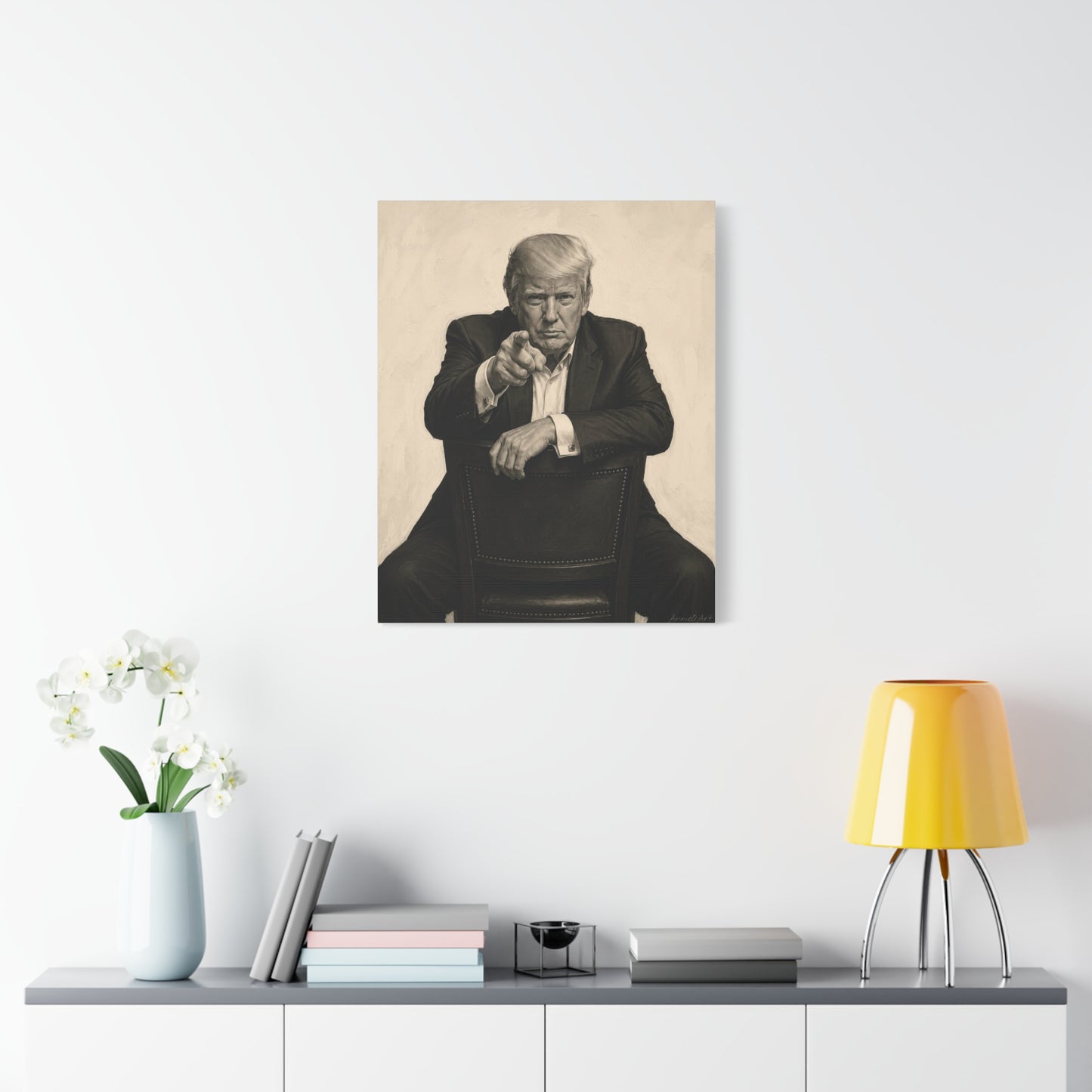 Trump Pointing Portrait Matte Canvas Print — Vintage-Style Seated Figure Wall Art