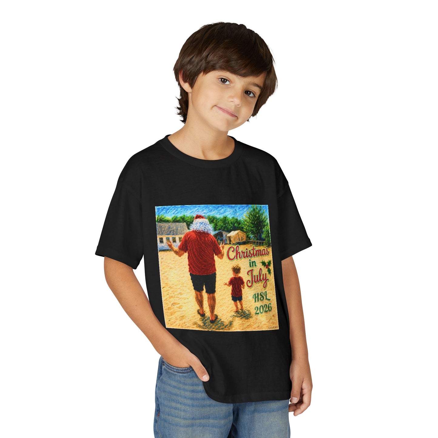 Youth T-Shirt — "Christmas in July" Beach Santa Kids Tee (HSL 2026)