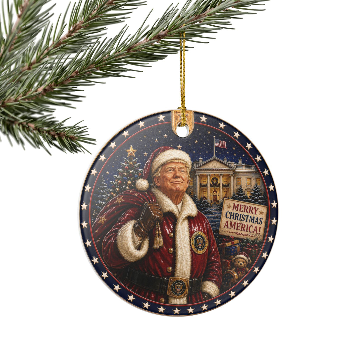 Patriotic Trump Santa Ceramic Ornament — "Merry Christmas America!" Holiday Decoration