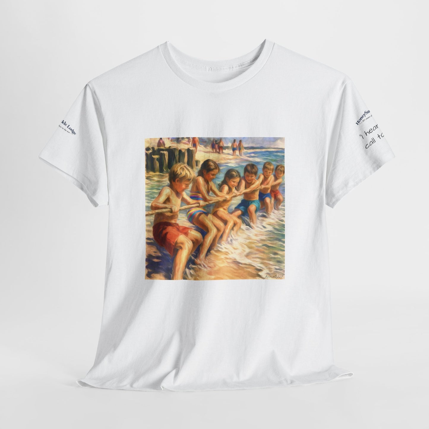 HoneySuckle Lodge Vintage Beach T-Shirt — "50+ years of fun in the sun" Retro Kids on Shore Design