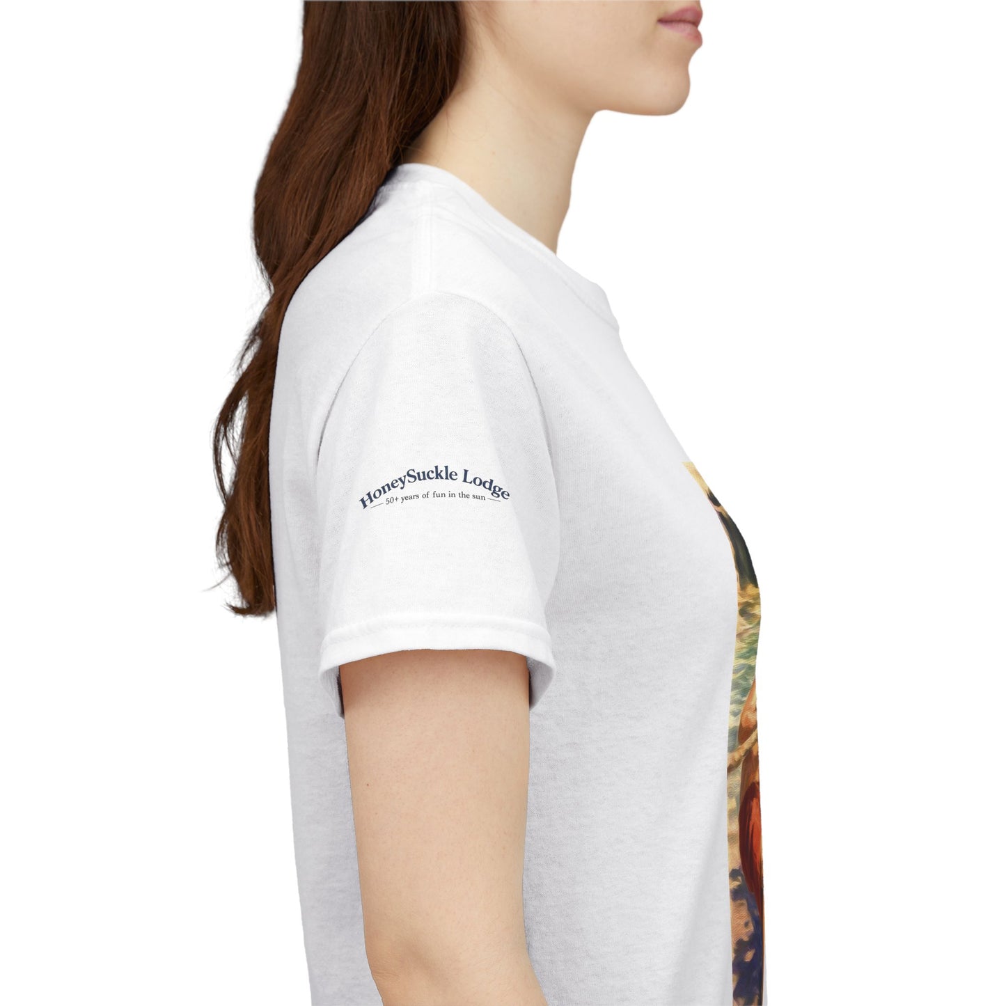HoneySuckle Lodge Vintage Beach T-Shirt — "50+ years of fun in the sun" Retro Kids on Shore Design