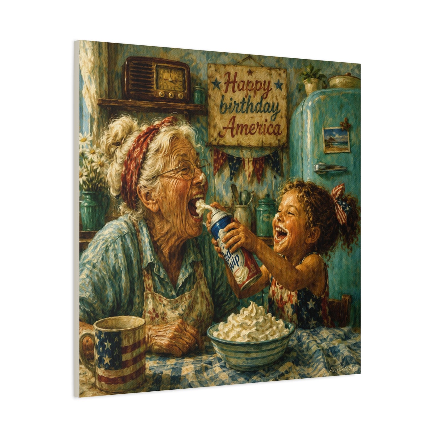 Happy Birthday America Canvas — Patriotic Grandma & Granddaughter Kitchen Wall Art