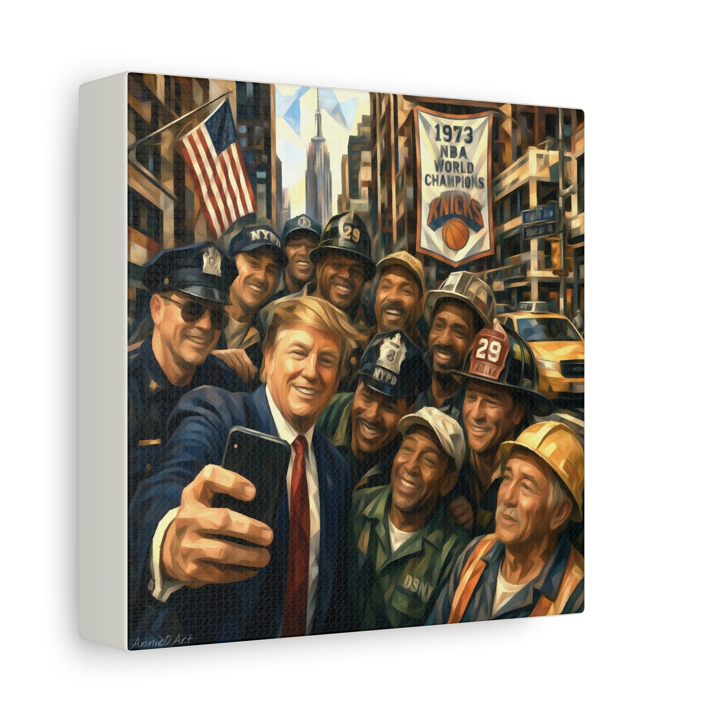 Trump Selfie w/City Workers Canvas Wall Art — Patriotic Urban Selfie Scene