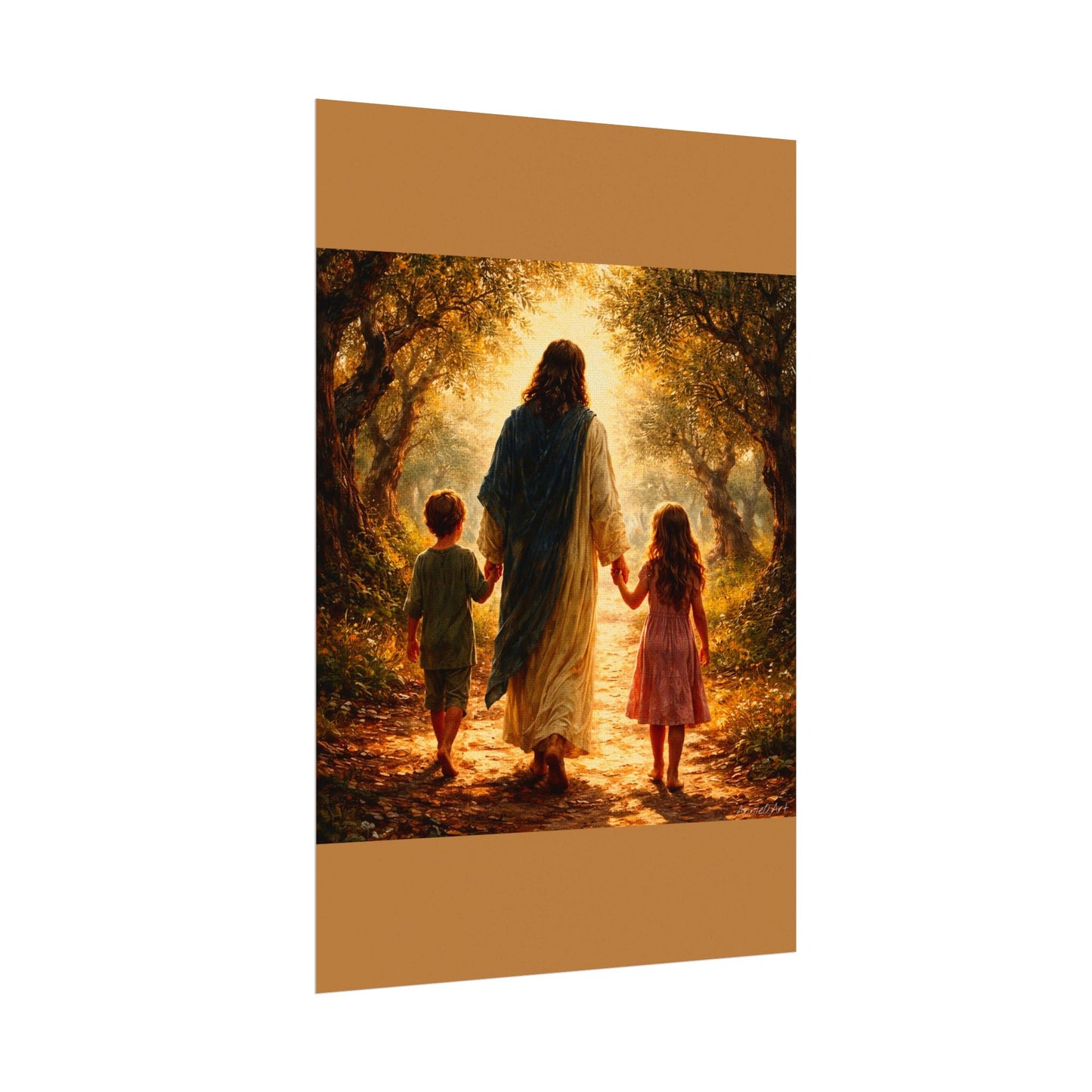 Jesus Walking with Children Watercolor Poster — Textured Matte Wall Art