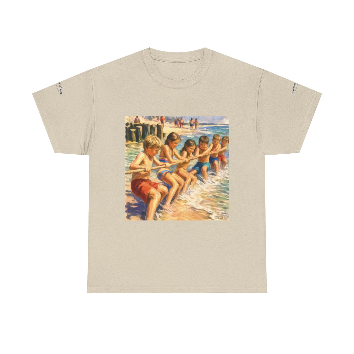 Honeysuckle Lodge Vintage Beach Print tee shirt front/back ("Honeysuckle Lodge - 50+ years of fun in the sun")
