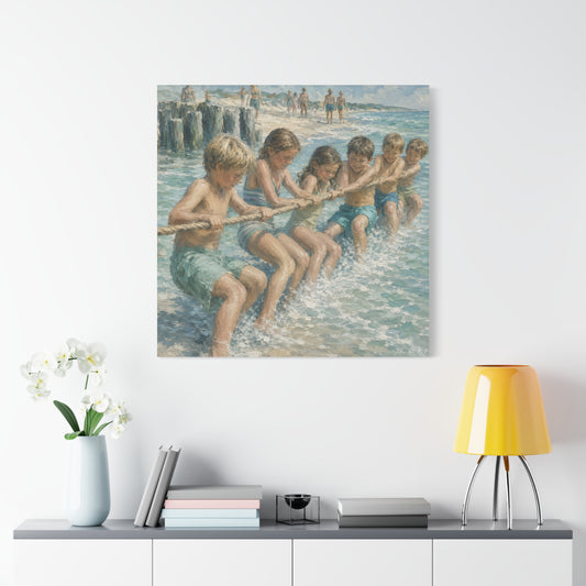 Beach Tug-of-War Matte Canvas Print — Vintage Seaside Children Wall Art