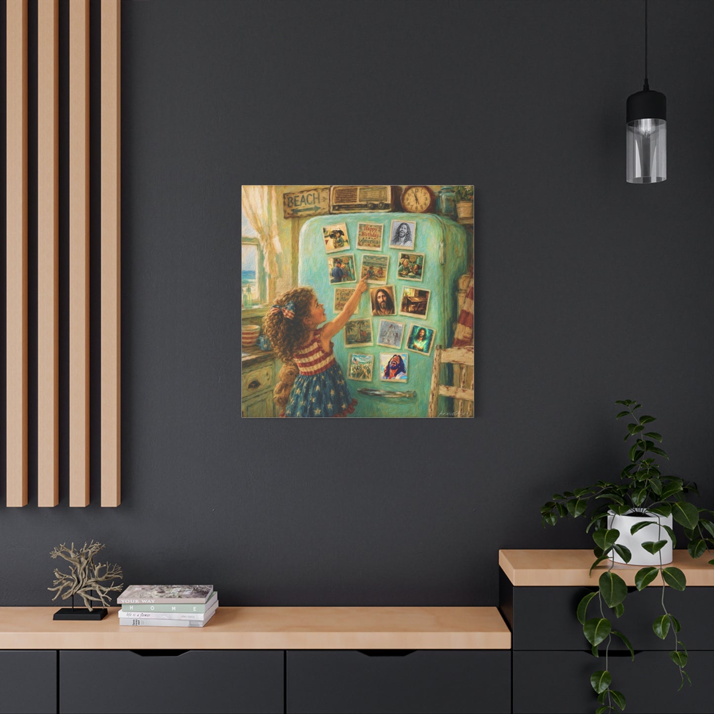 Americana Canvas Wall Art — Little Girl Pointing at Magnets on Vintage Fridge (Matte Stretched)