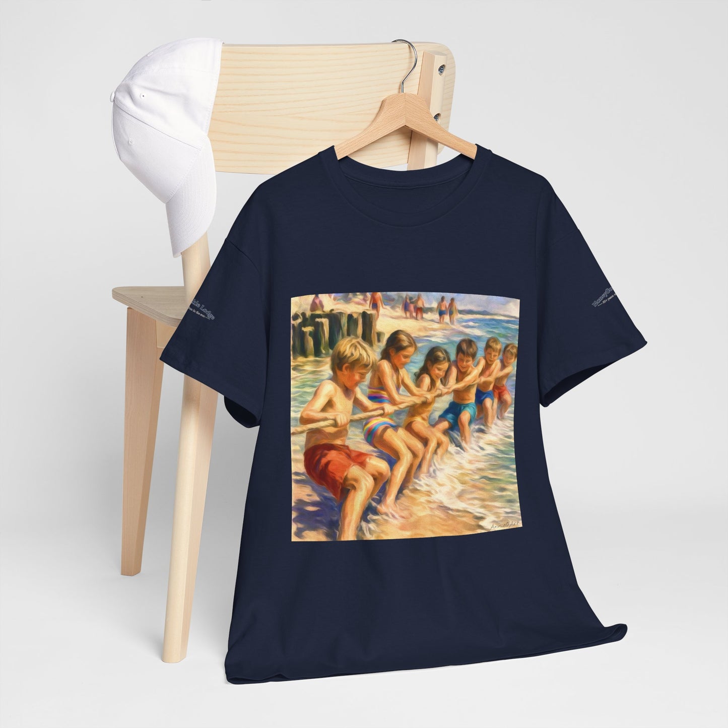 Honeysuckle Lodge Vintage Beach Print tee shirt front/back ("Honeysuckle Lodge - 50+ years of fun in the sun")