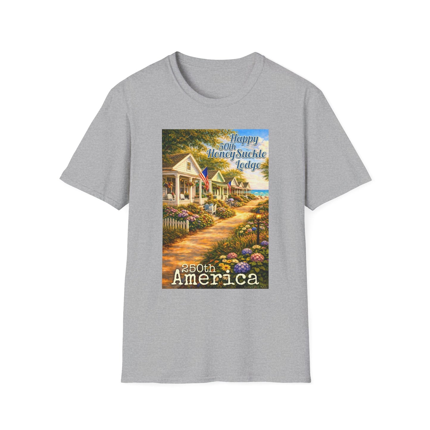 HoneySuckle Lodge 50th—America 250th Bungalow Path T-Shirt —Front & Back Design- Happy 250th Anniversary USA Patriotic Tee