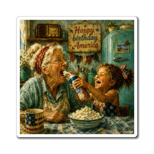 Patriotic Kid Level Kitchen Magnet — "Happy Birthday America" Grandma & Child Vintage Scene