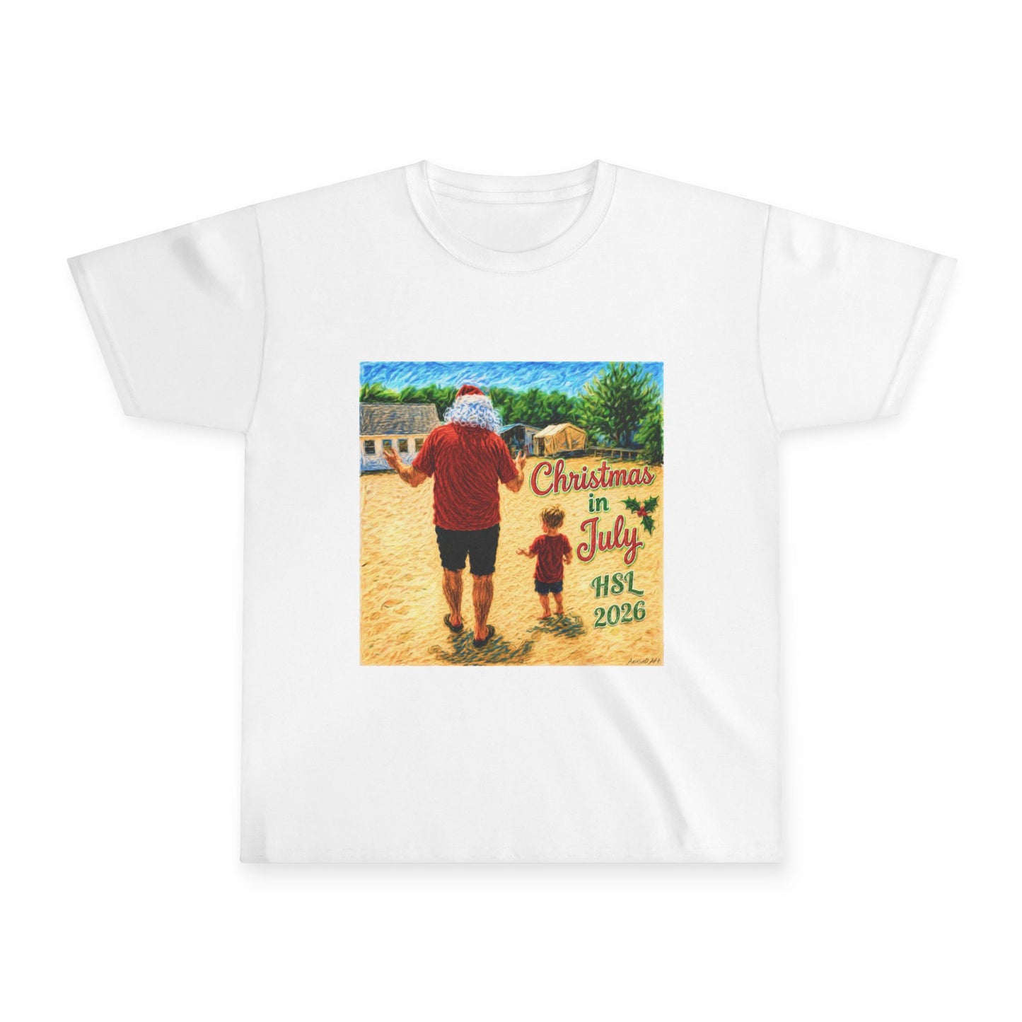 Youth Tee - 'Christmas in July 2026' Santa & Child Beach Design