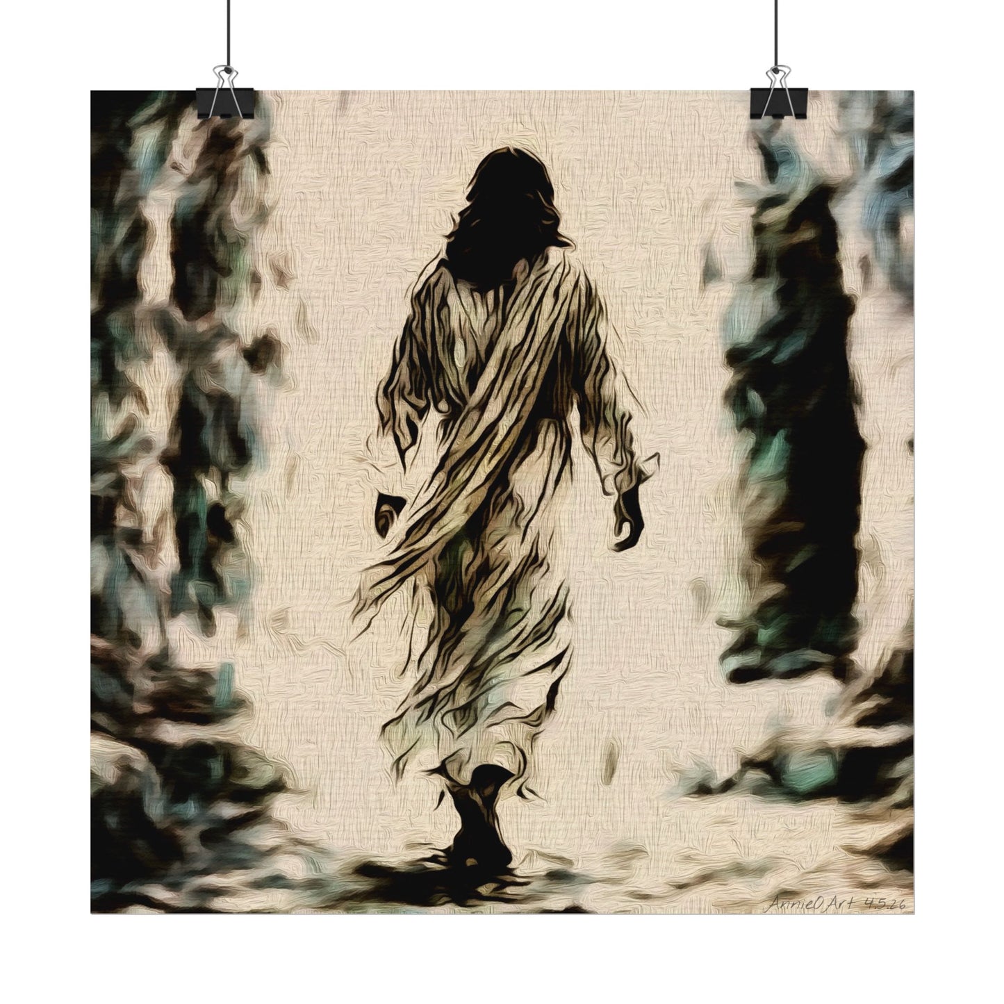 Jesus Walking Watercolor Poster – Textured Matte Religious Wall Art