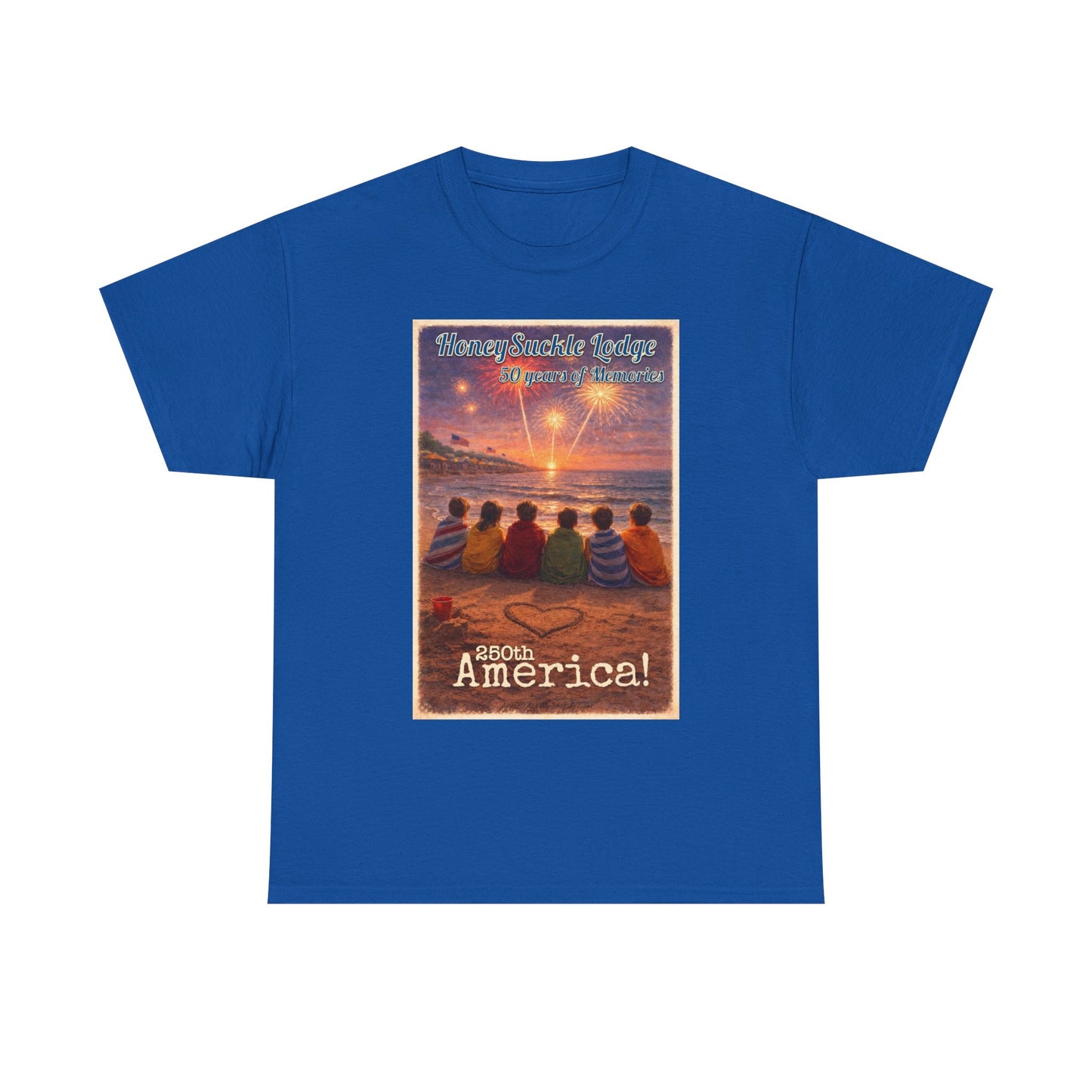 HoneySuckle Lodge 50th—Patriotic Sunset Beach T‑Shirt – 'God Bless America' Vintage Kids Watching Fireworks