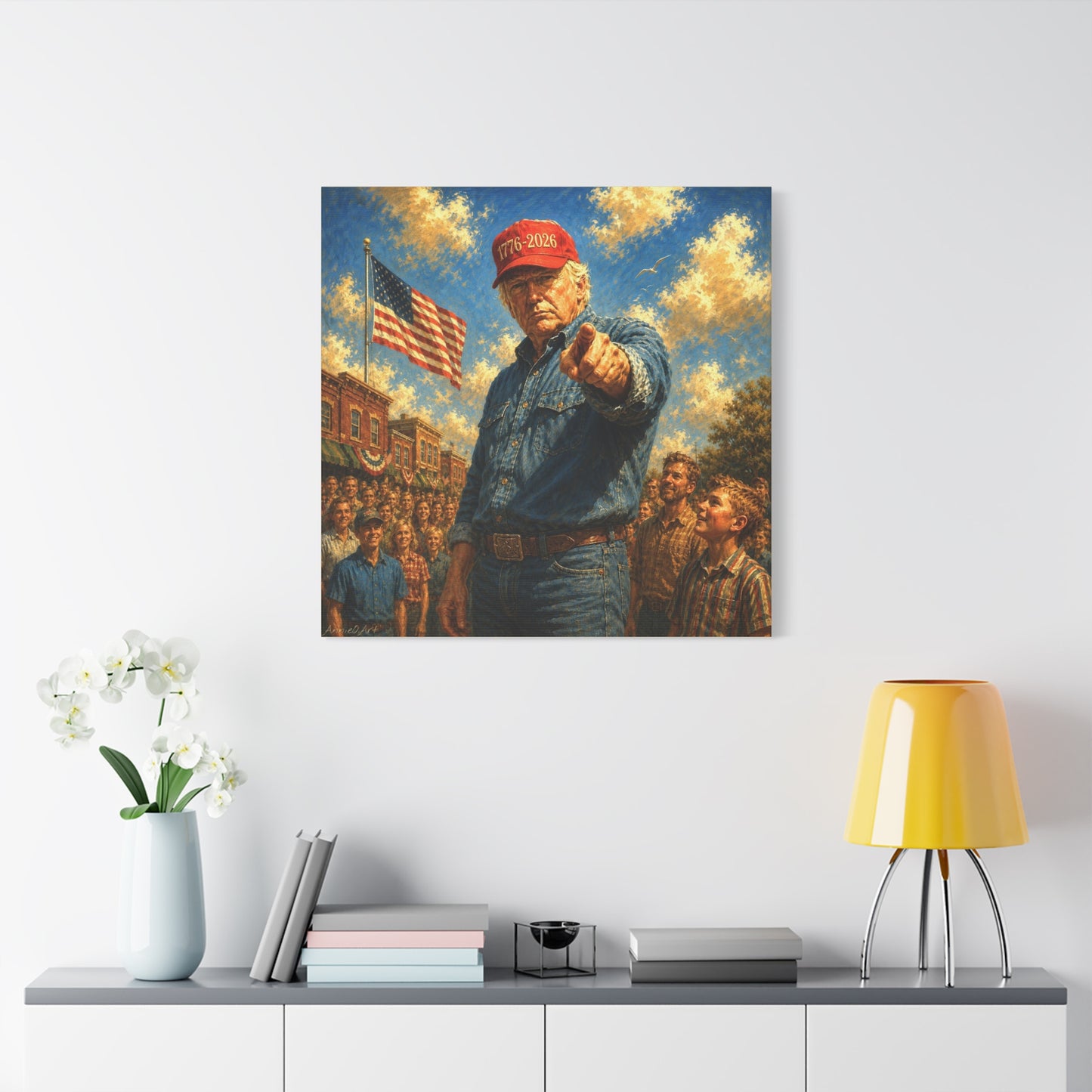 Trump Patriotic Pointing Portrait Canvas (1776-2026 Hat)