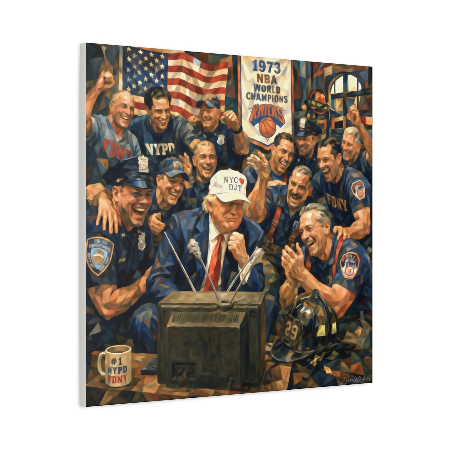 Trump Patriotic NYC Firefighters  Matte Stretched Canvas — Vintage NYPD Tribute Wall Art