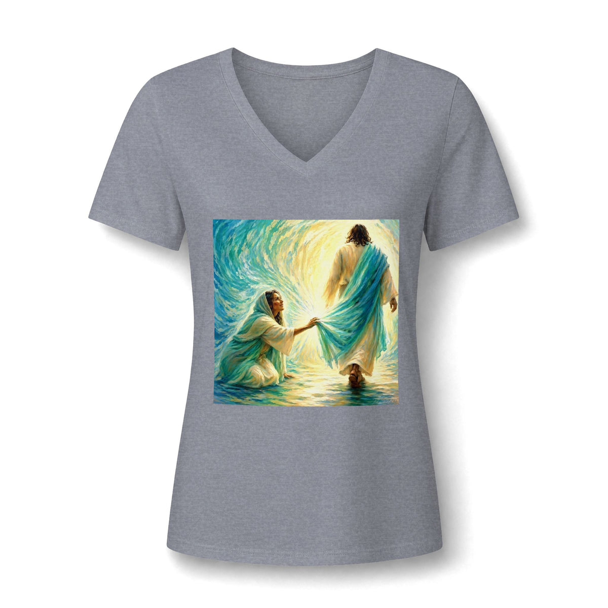 Women's V-Neck Tee — 'He Lifts Us' Christian Inspirational Graphic Shirt