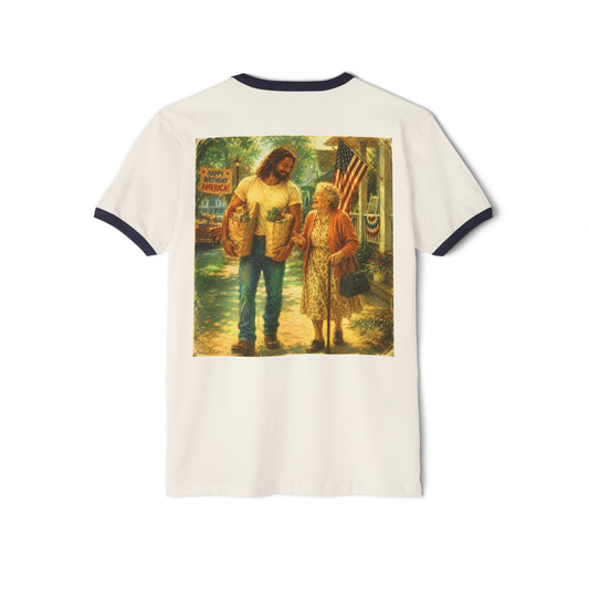 250th Happy Birthday America —Front & Back Design —Americana Ringer Tee— Patriotic Vintage Americana T‑Shirt