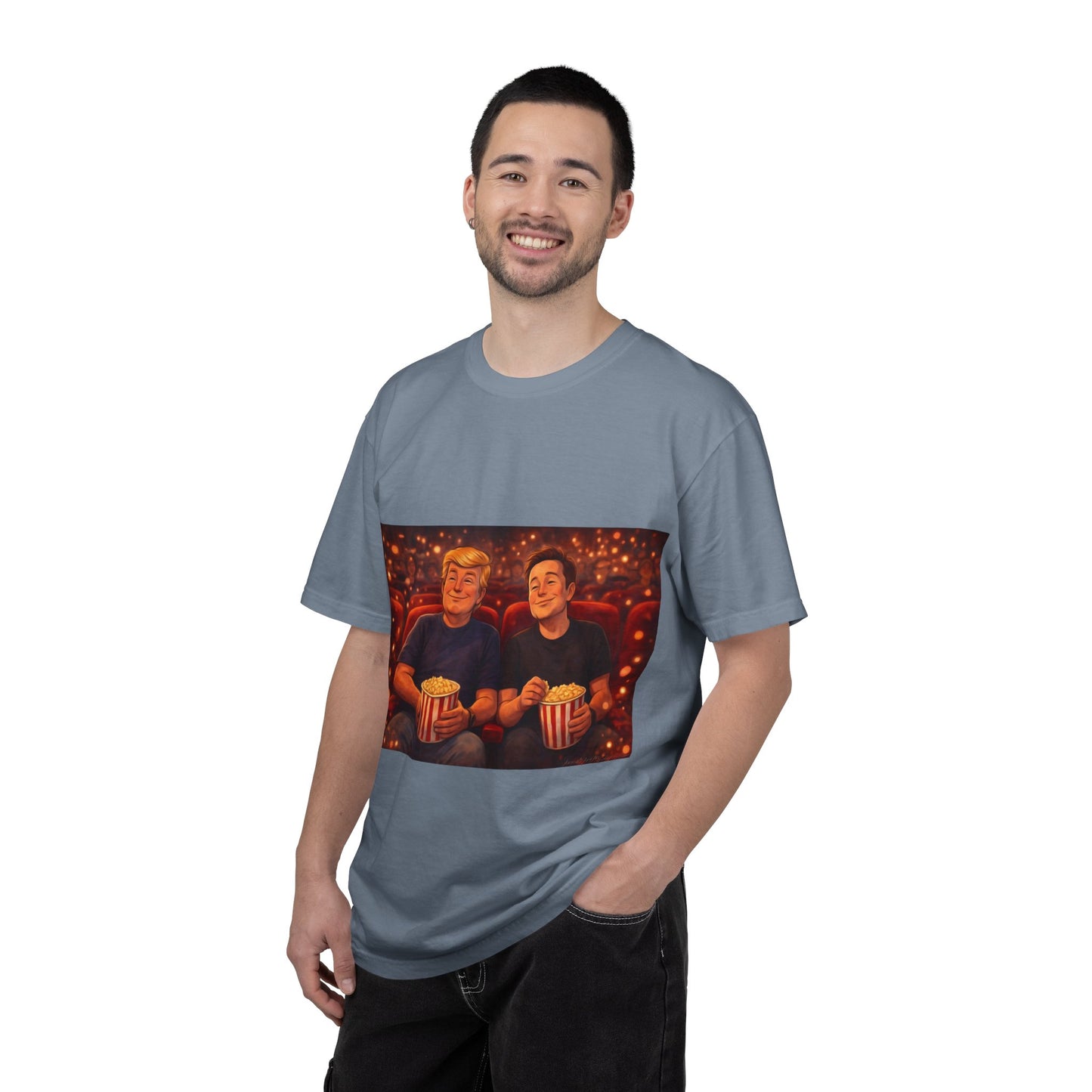 Trump & Elon—Movie Night Popcorn Tee — Cozy Cinematic Graphic T-Shirt