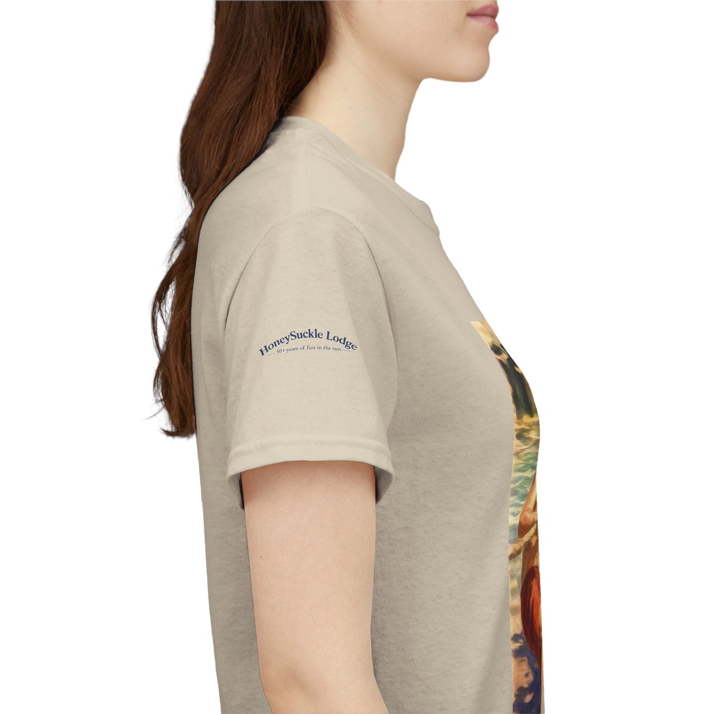 Honeysuckle Lodge Vintage Beach Print tee shirt front/back ("Honeysuckle Lodge - 50+ years of fun in the sun")