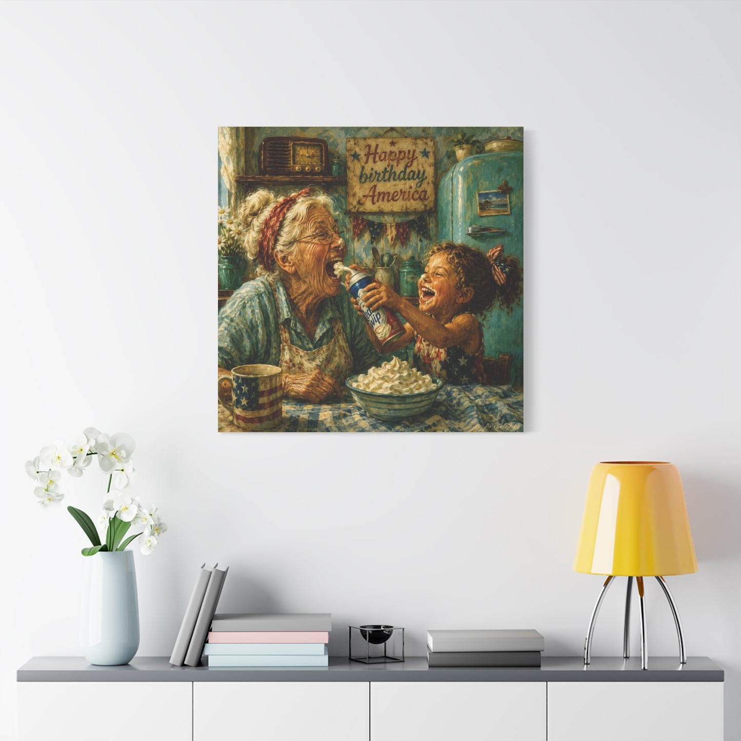 Happy Birthday America Canvas — Patriotic Grandma & Granddaughter Kitchen Wall Art