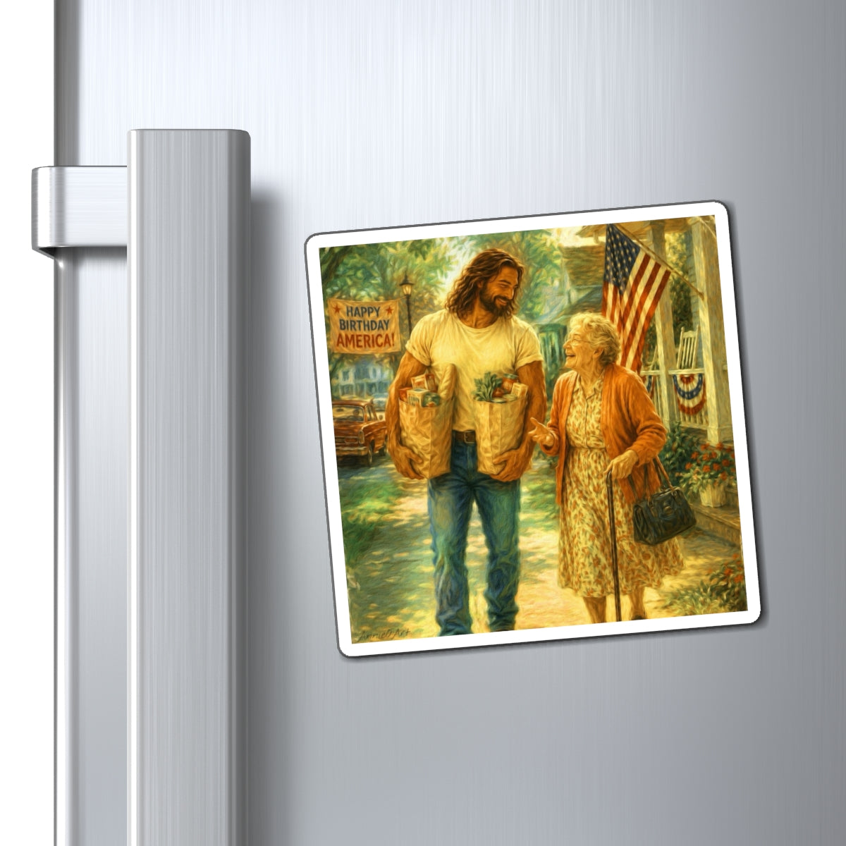 Jesus Helping Grandma Kid Level Magnet – Patriotic "Happy Birthday America" Refrigerator Decor