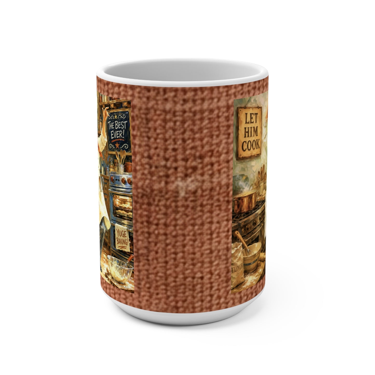 Trump ‘Let Him Cook’ 15oz Ceramic Mug — Rustic Chef Kitchen Coffee Cup