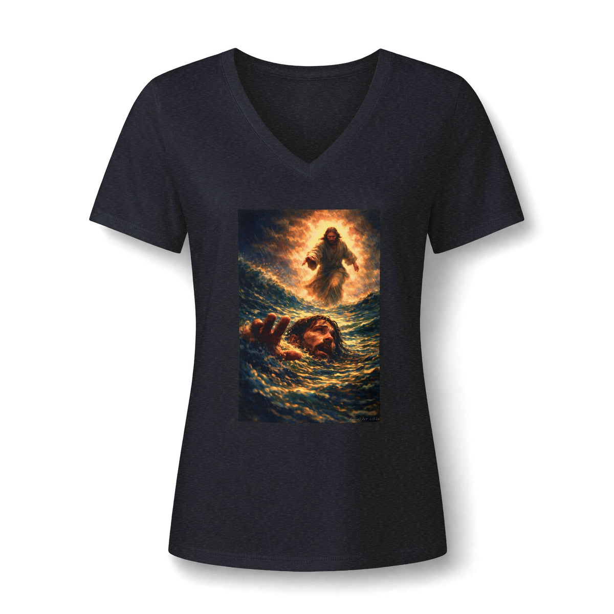 V-Neck Tee -Jesus Saving Peter—Walking on Water Christian Graphic Shirt