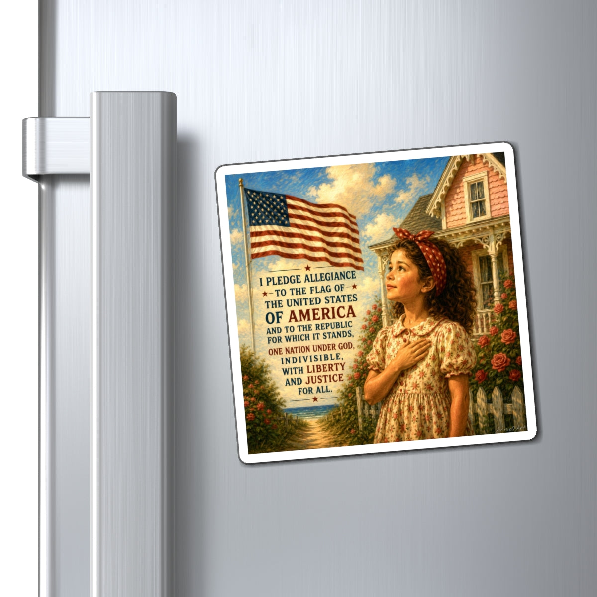 Patriotic Pledge Magnet — Vintage Girl Saluting American Flag