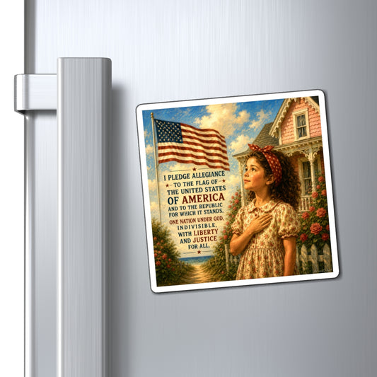Patriotic Pledge Magnet — Vintage Girl Saluting American Flag