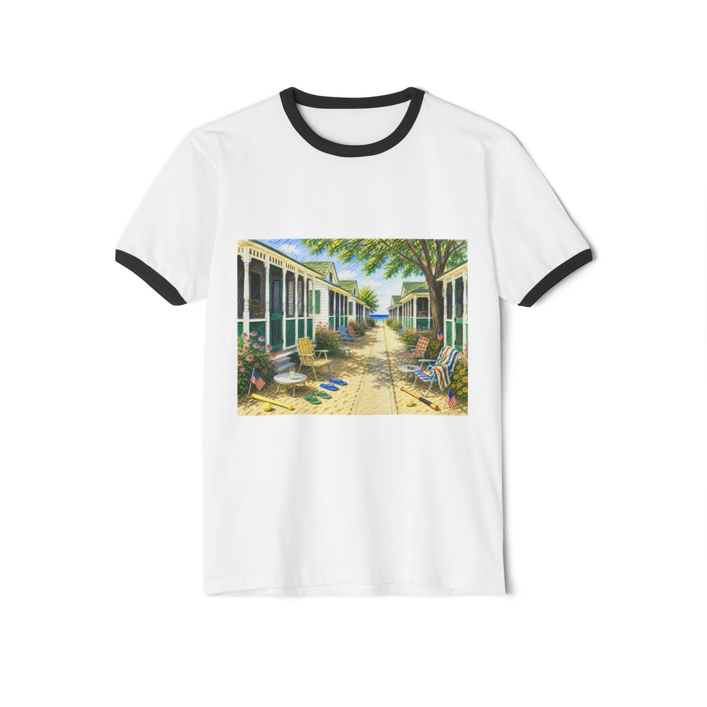 Old 1970’s Style Ringer T-Shirt — Vintage Beach Bungalow Front & Back Design-“Happy Birthday America” Wood Sign