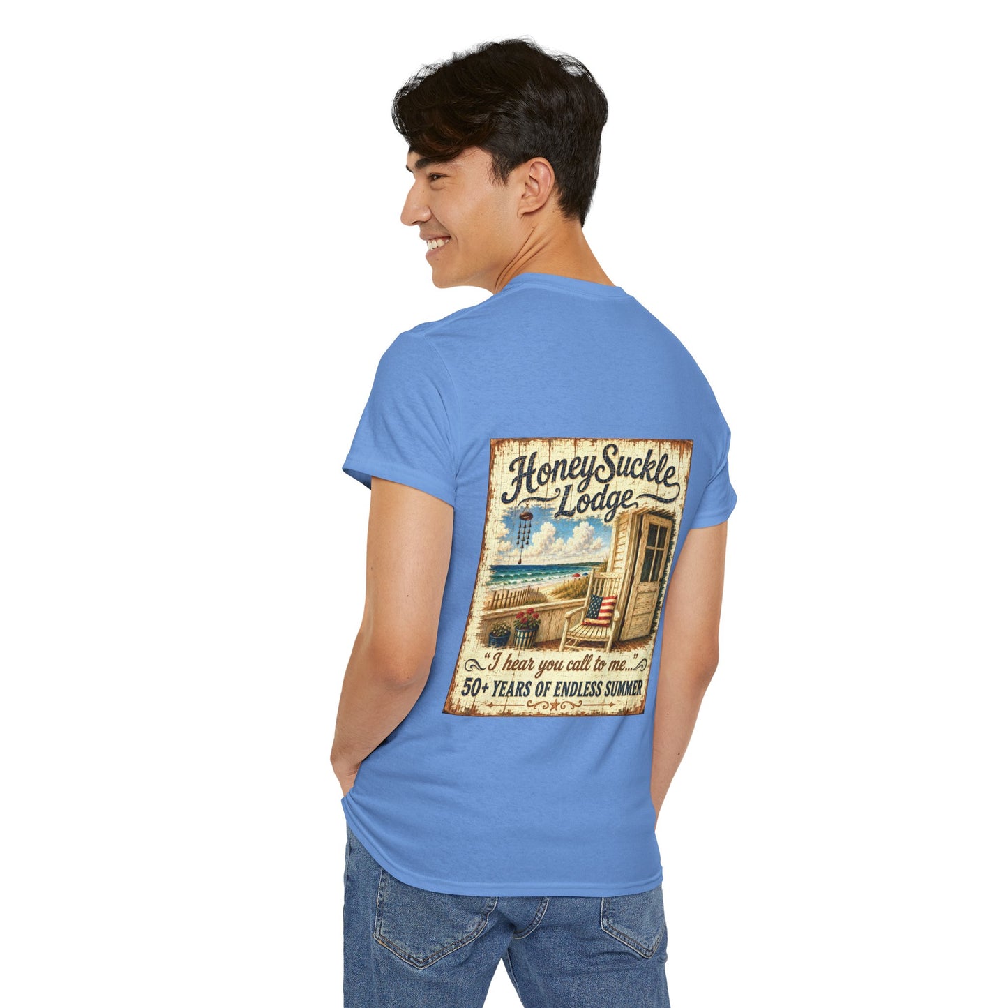 Vintage Beach T‑Shirt — 'Honeysuckle Lodge: 50+ Years of Endless Summer' Retro Seaside Tee