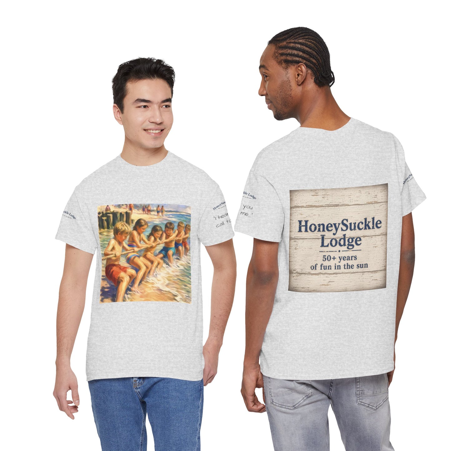 HoneySuckle Lodge Vintage Beach T-Shirt — "50+ years of fun in the sun" Retro Kids on Shore Design