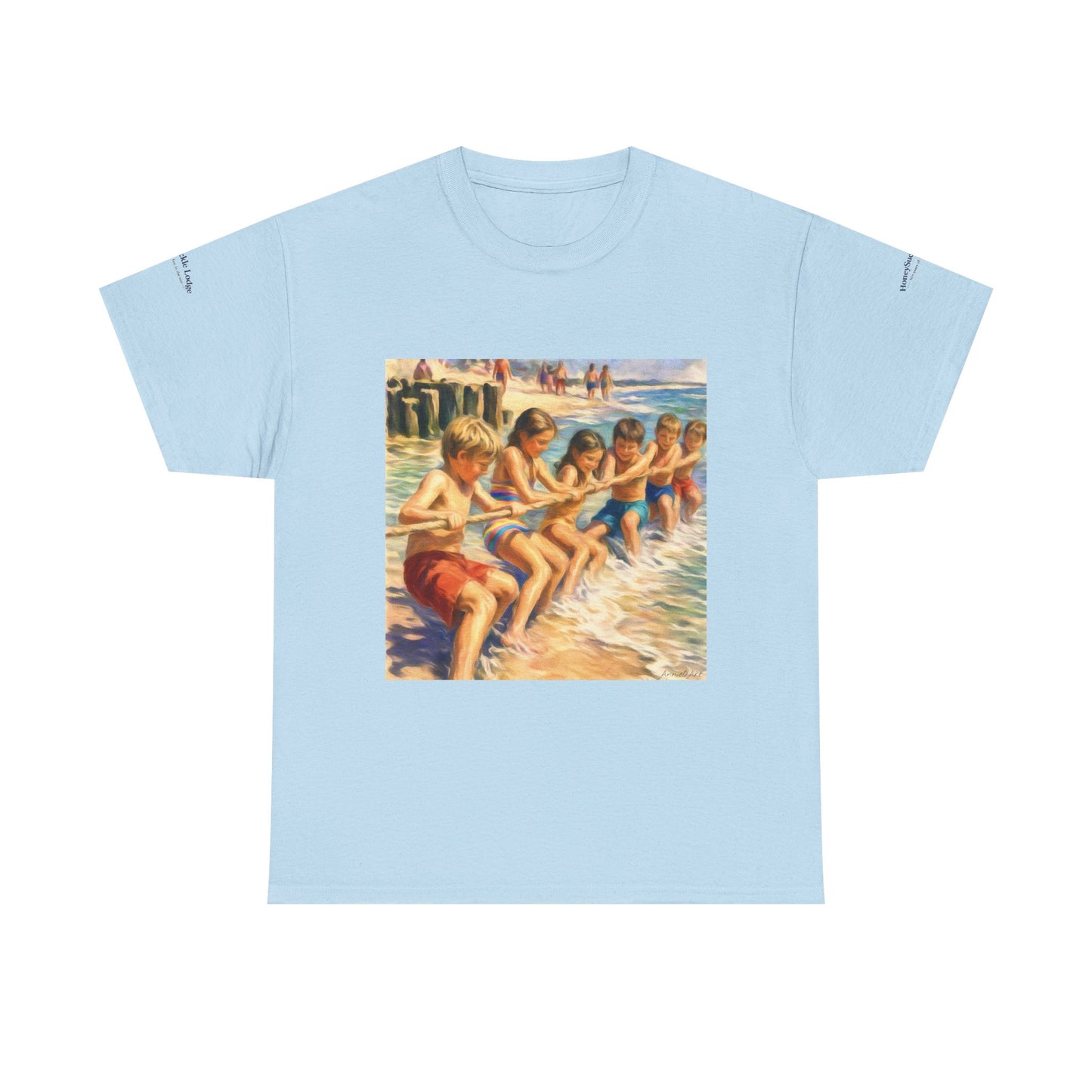 Honeysuckle Lodge Vintage Beach Print tee shirt front/back ("Honeysuckle Lodge - 50+ years of fun in the sun")