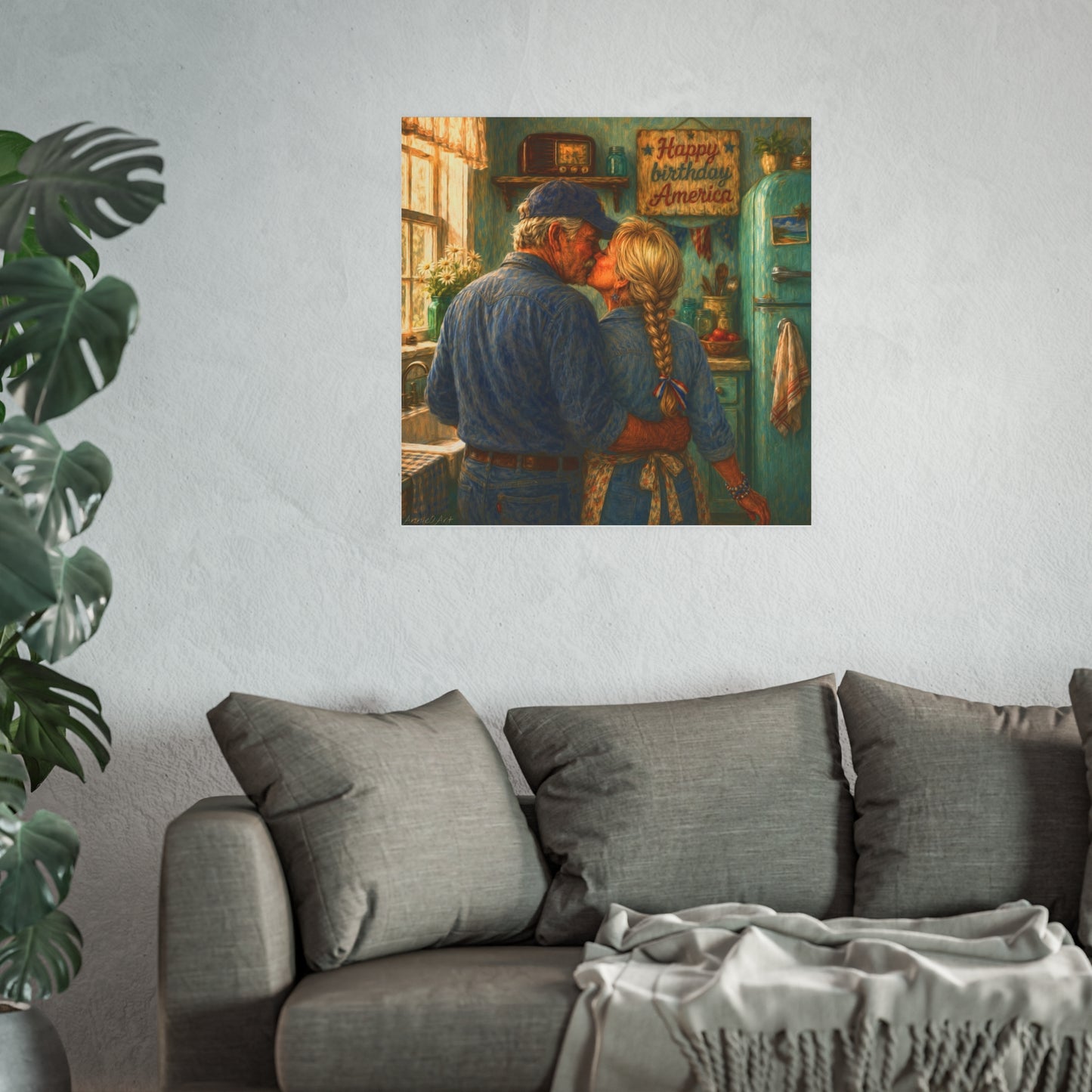 Romantic Country Kitchen Poster — Vintage Couple Kissing Satin/Matte Art Print