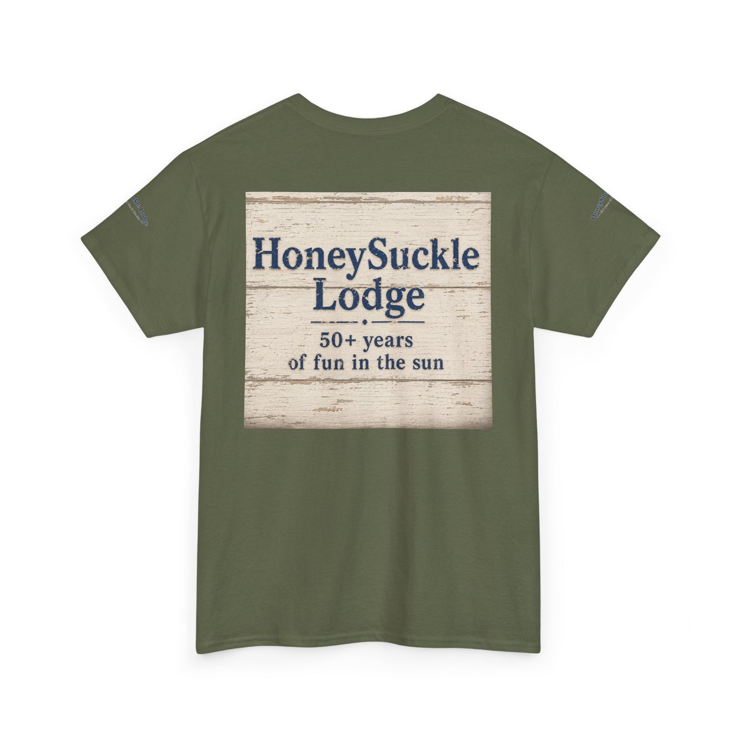 Honeysuckle Lodge Vintage Beach Print tee shirt front/back ("Honeysuckle Lodge - 50+ years of fun in the sun")