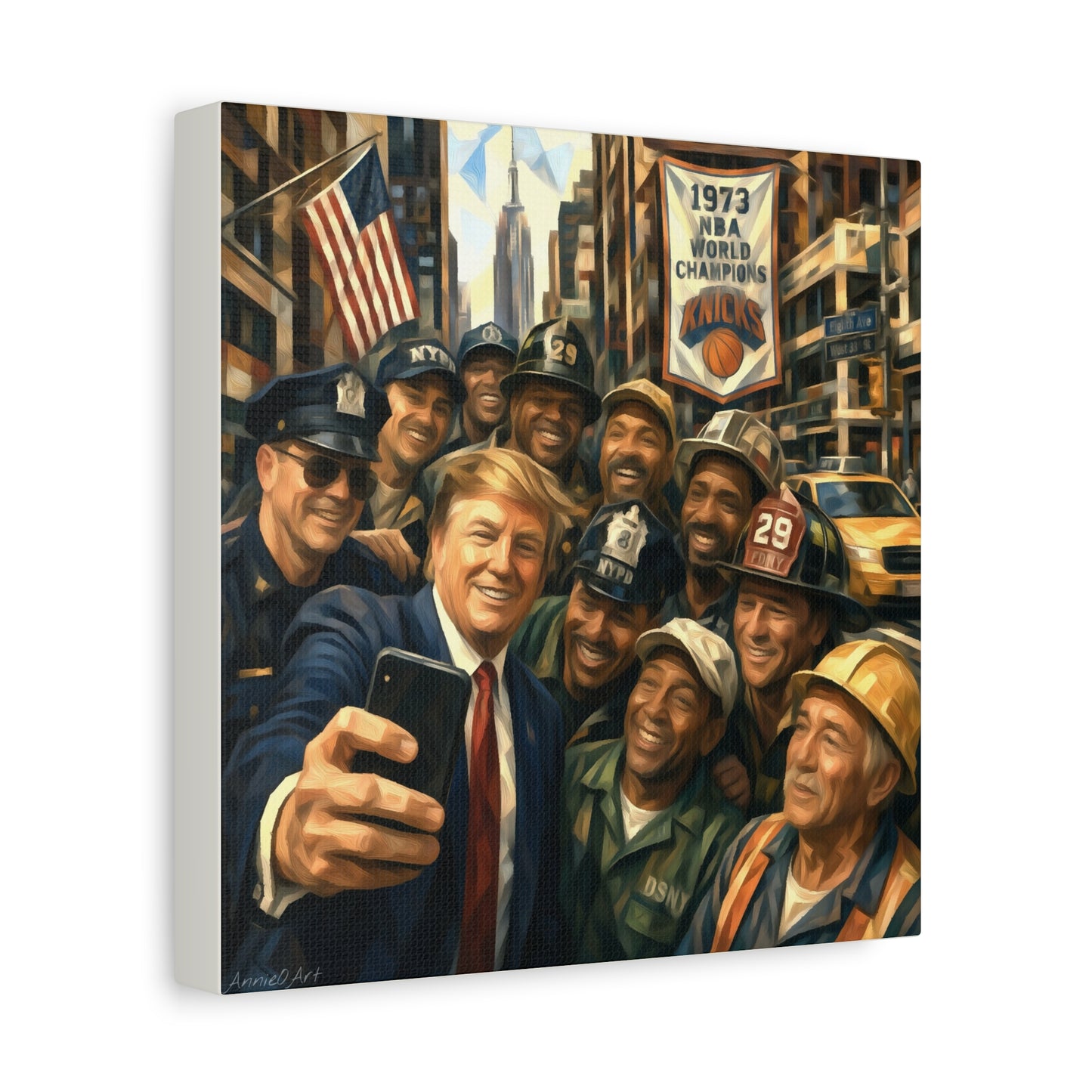 Trump Selfie w/City Workers Canvas Wall Art — Patriotic Urban Selfie Scene