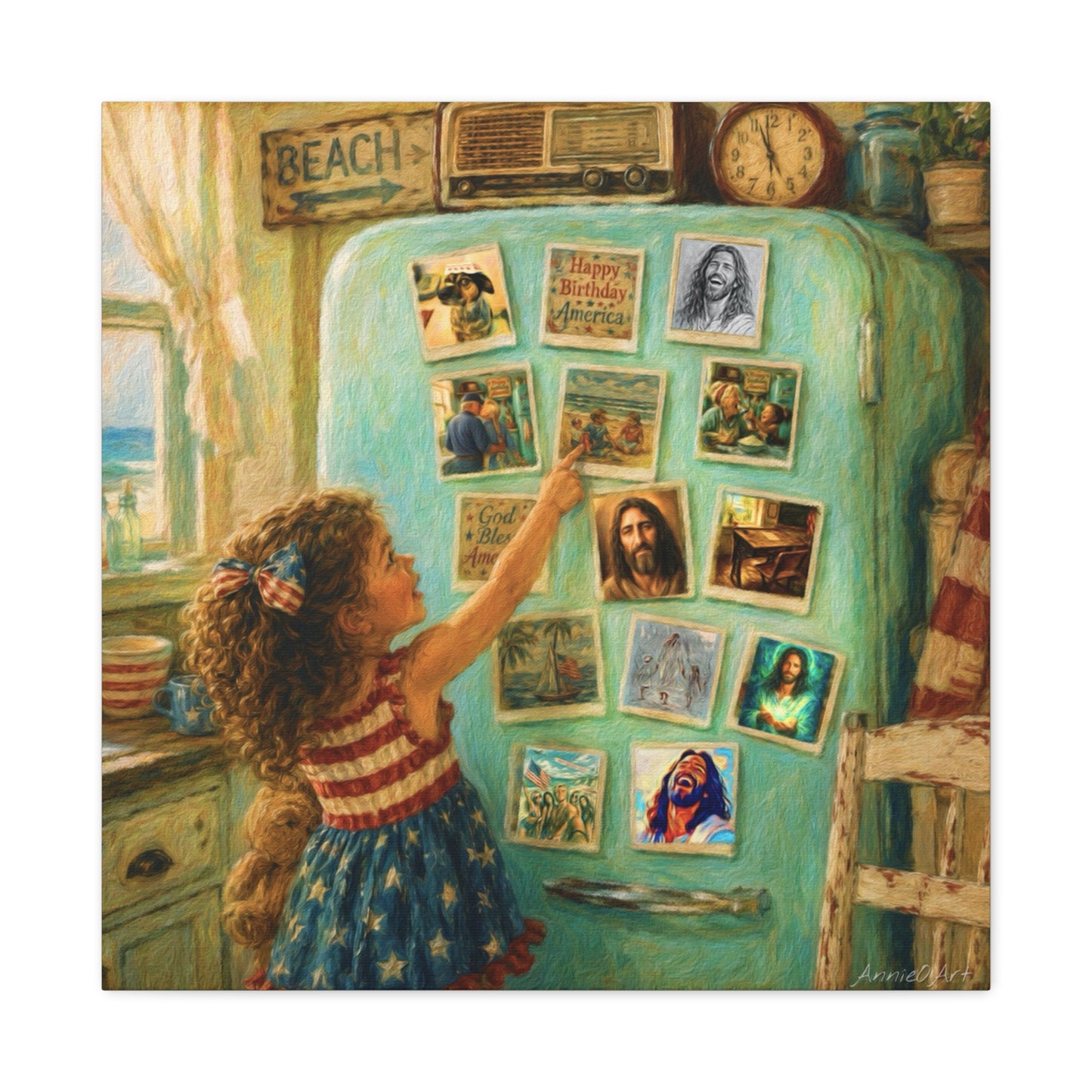 Americana Canvas Wall Art — Little Girl Pointing at Magnets on Vintage Fridge (Matte Stretched)