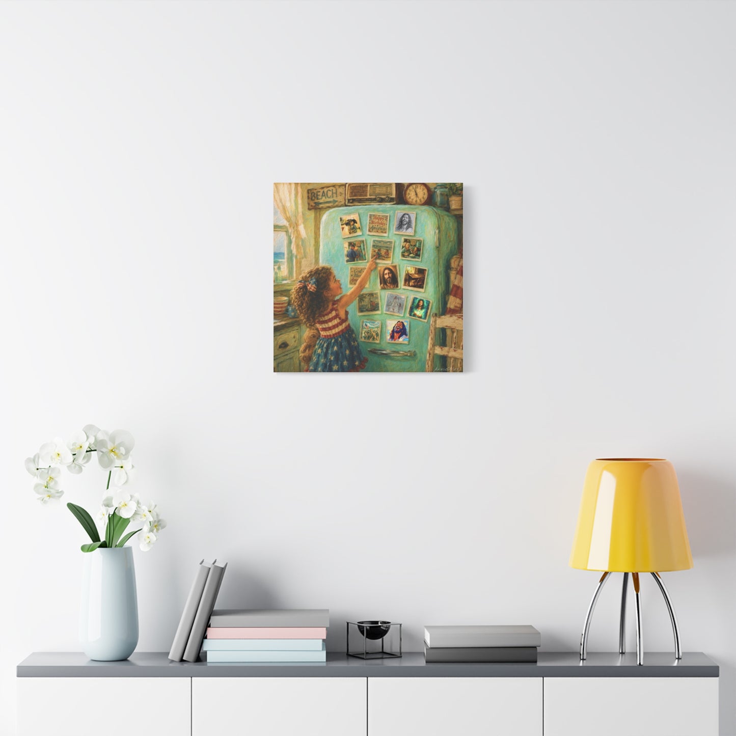 Americana Canvas Wall Art — Little Girl Pointing at Magnets on Vintage Fridge (Matte Stretched)