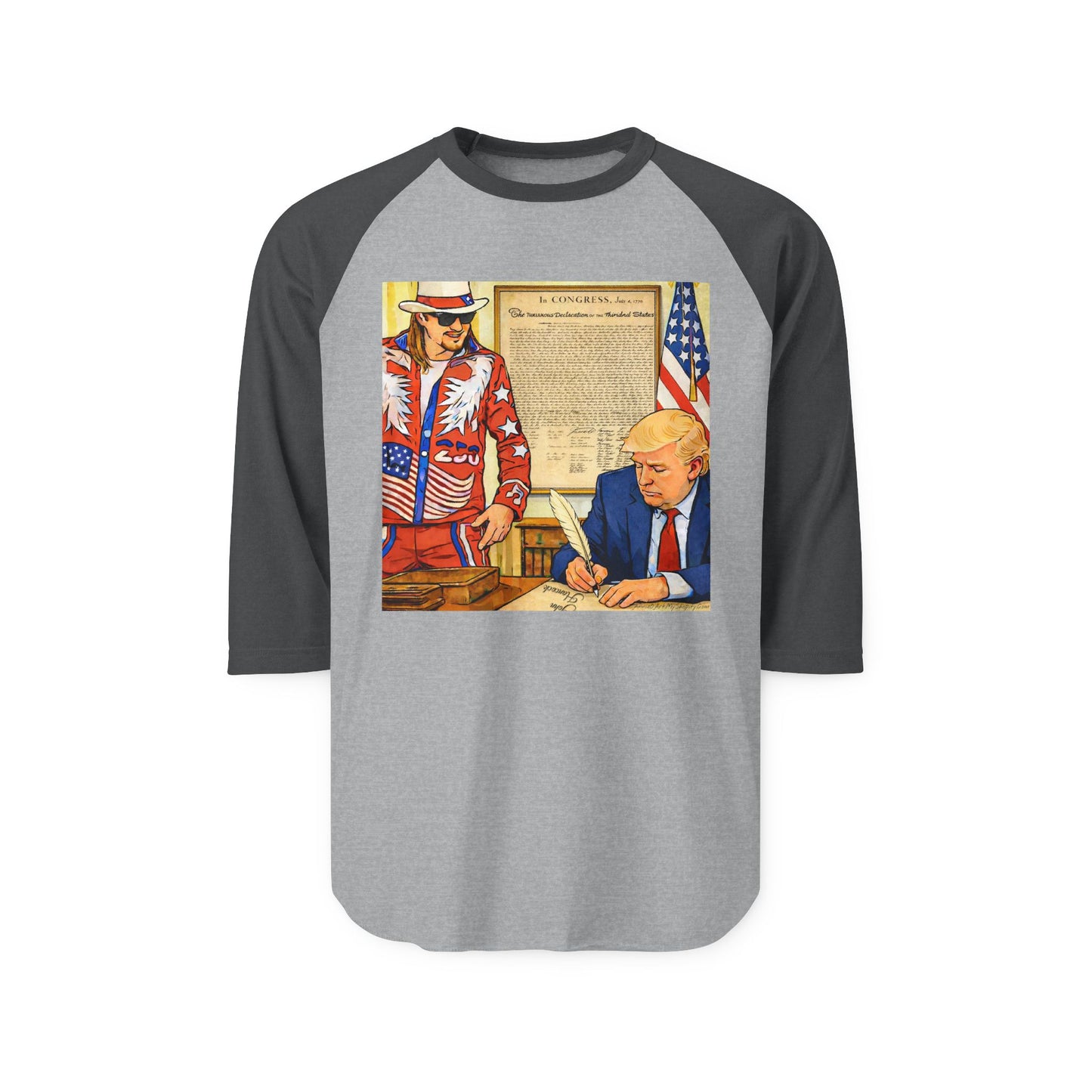 250th Independence Patriotic Raglan Shirt — Vintage Americana Signing Graphic tee Trump & Kid Rock