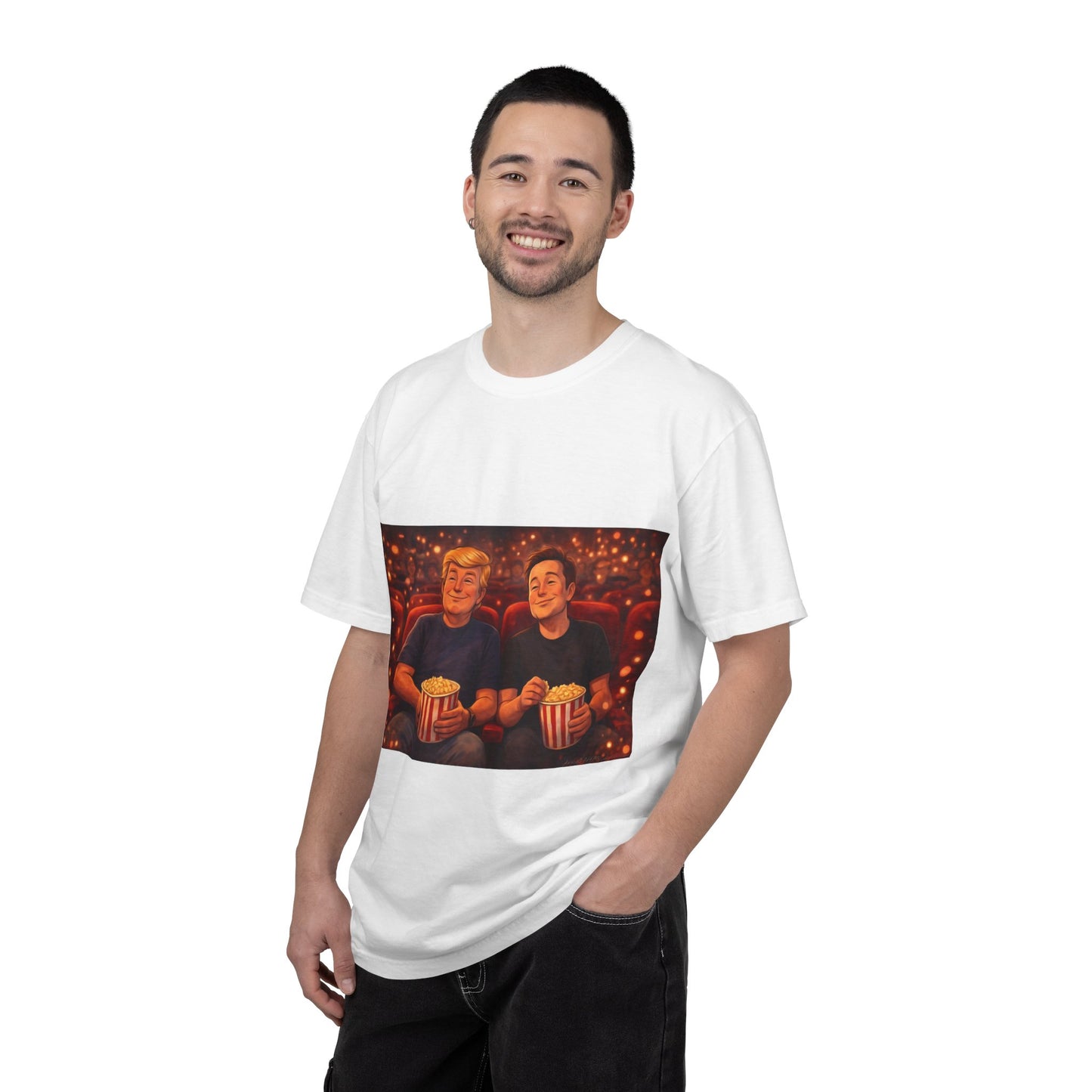Trump & Elon—Movie Night Popcorn Tee — Cozy Cinematic Graphic T-Shirt