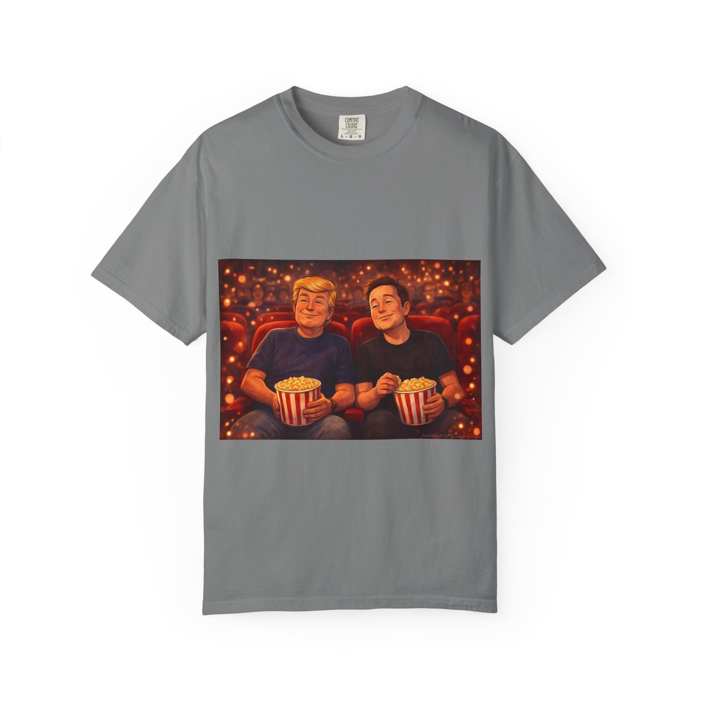 Trump & Elon—Movie Night Popcorn Tee — Cozy Cinematic Graphic T-Shirt