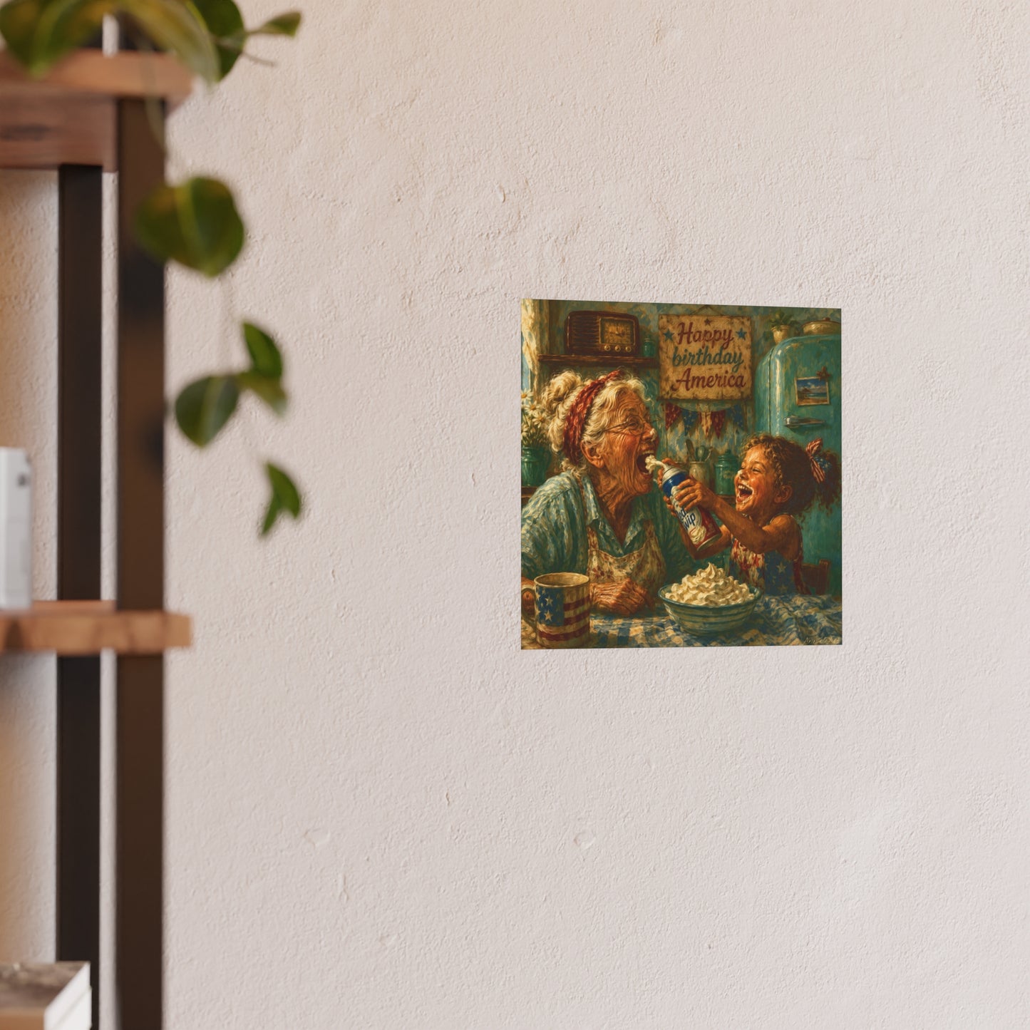 Happy Birthday America Poster — Vintage Grandma & Child Kitchen Art (Satin/Matte)