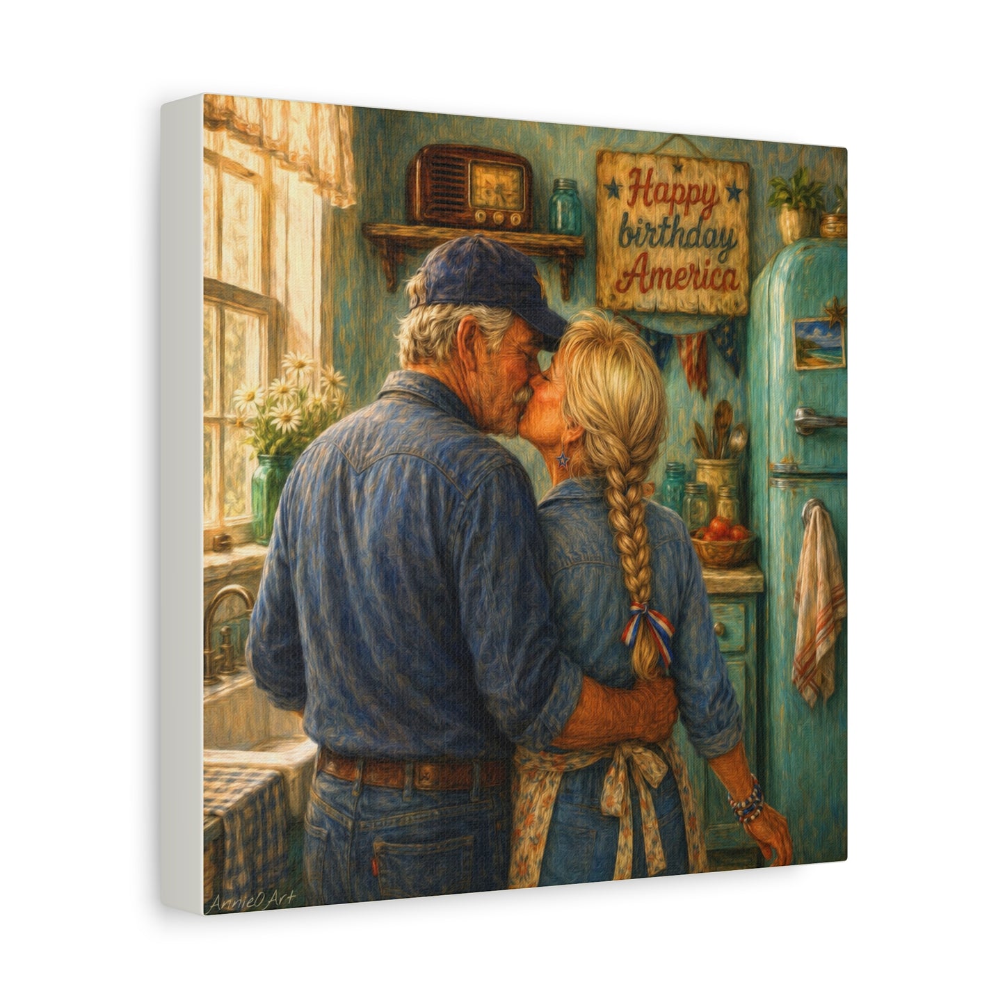 Patriotic Country Kitchen Canvas - "Happy Birthday America" Rustic Couple Wall Art