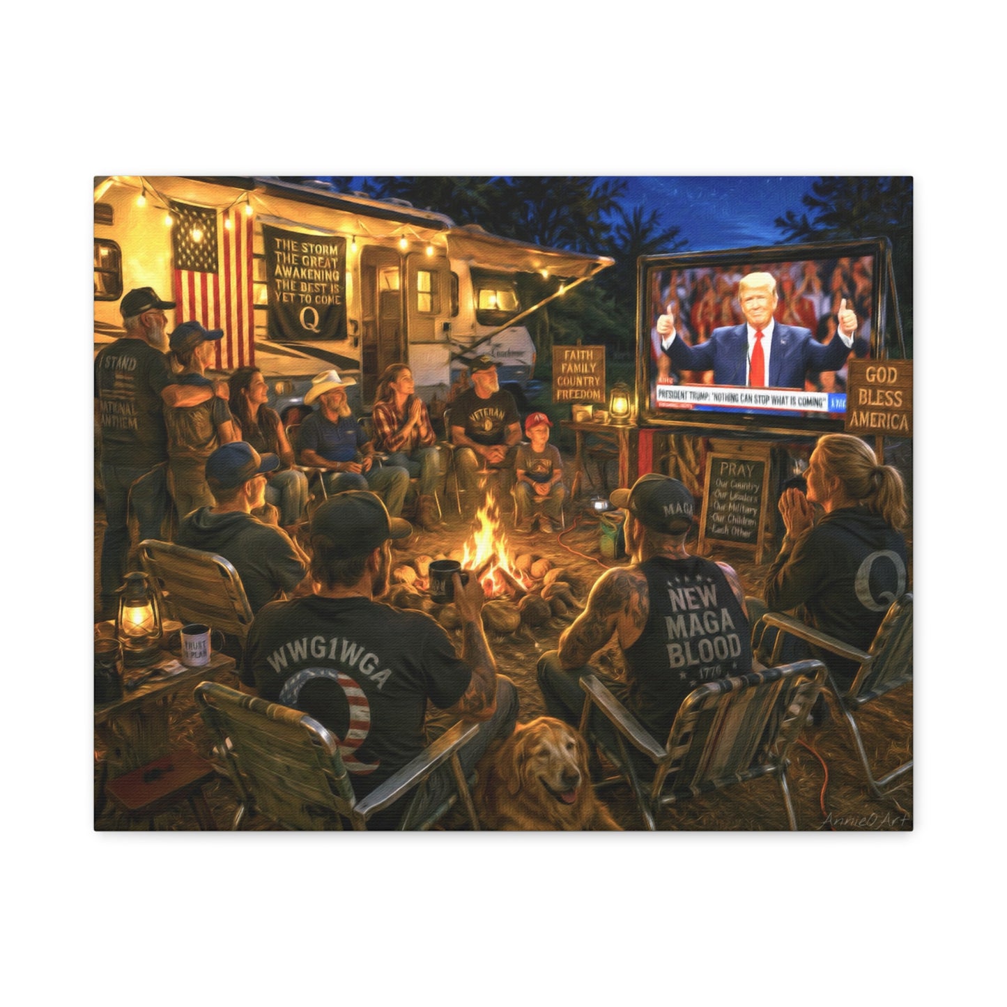 God Bless America—Campfire Scene Matte Canvas Wall Art - Patriotic RV Gathering with Trump TV—MAGA—WWG1WGA