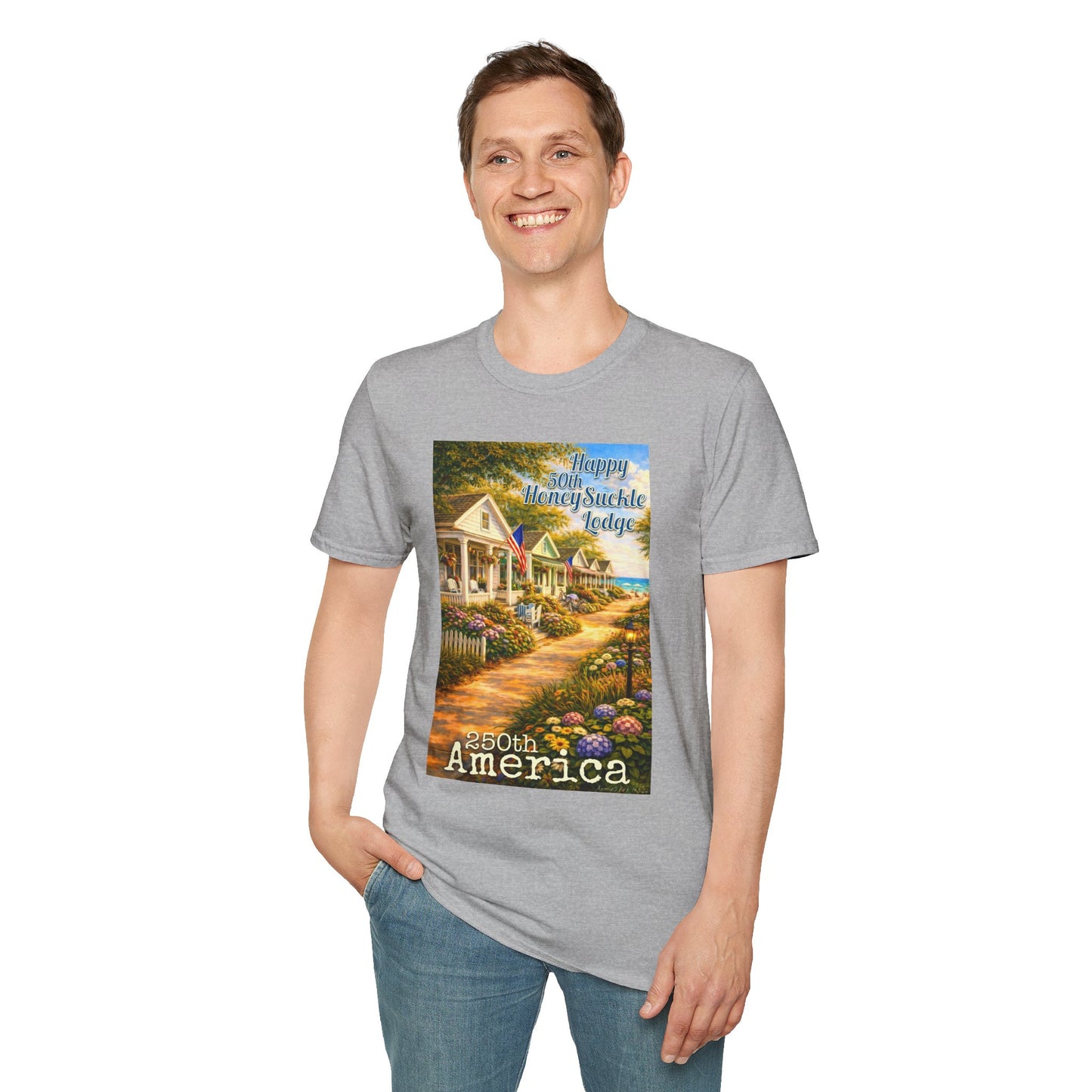 HoneySuckle Lodge 50th—America 250th Bungalow Path T-Shirt —Front & Back Design- Happy 250th Anniversary USA Patriotic Tee